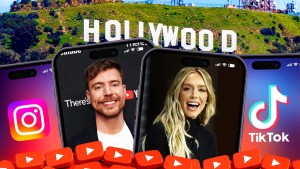 Image of MrBeast and Alex Cooper surrounded by company logos against the Hollywood sign (Christopher Smith/TheWrap)