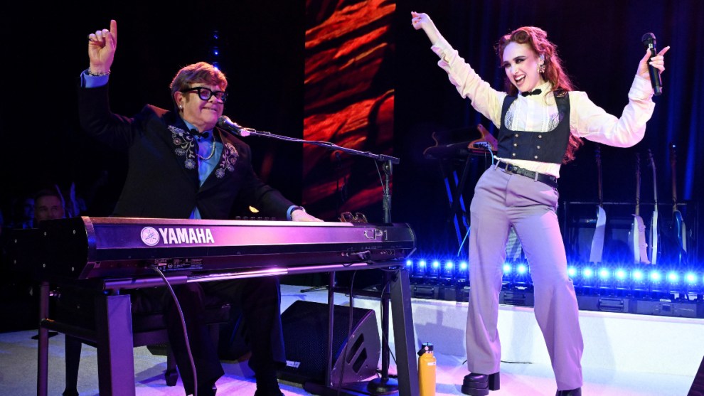 Elton John and Chappell Roan perform onstage at Elton John AIDS Foundation's 33rd Annual Academy Awards Viewing Party on March 02, 2025 in West Hollywood, California.