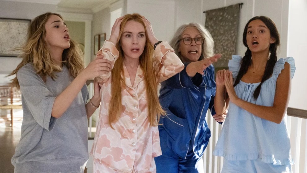 Julia Butters as Harper Coleman, Lindsay Lohan as Anna Coleman, Jamie Lee Curtis as Tess Coleman and Sophia Hammons as Lily Davies in Disney's FREAKIER FRIDAY