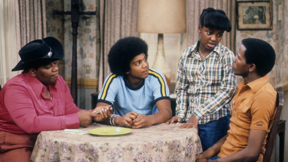 Fred 'Rerun' Berry, Haywood Nelson, Danielle Spencer and Ernest Thomas on the set of 'What's Happening!!' in 1979