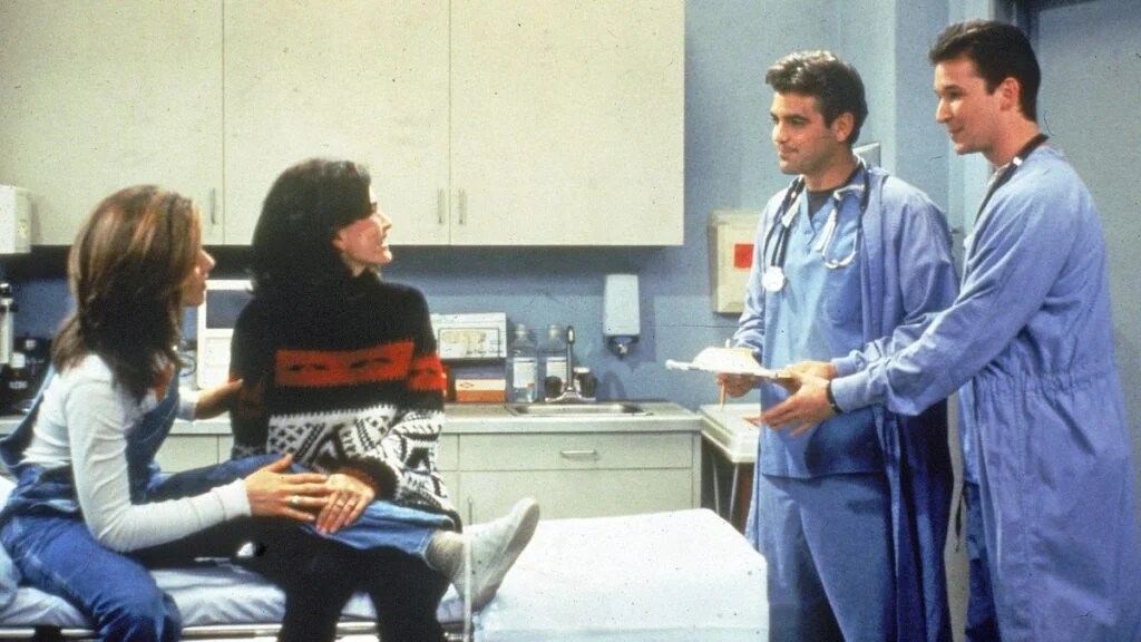 Jennifer Aniston, Courteney Cox, George Clooney and Noah Wyle in a "Friends" and "ER" crossover