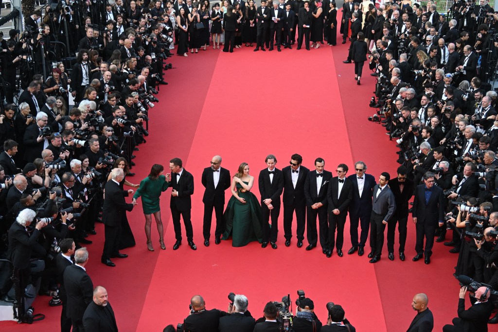 (From L) US actor and comedian Bill Murray, French actress and singer Charlotte Gainsbourg, British actor Benedict Cumberbatch, US actor Jeffrey Wright, British actress Mia Threapleton, US director, screenwriter and producer Wes Anderson, Puerto Rican actor Benicio Del Toro, British actor Rupert Friend, Canadian actor Michael Cera, French music composer Alexandre Desplat, British actor Riz Ahmed, British actor Richard Ayoade and US writer Roman Coppola arrive for the screening of the film "The Phoenician Scheme" at the 78th edition of the Cannes Film Festival in Cannes, southern France, on May 18, 2025. (Photo by Antonin THUILLIER / AFP) (Photo by ANTONIN THUILLIER/AFP via Getty Images)