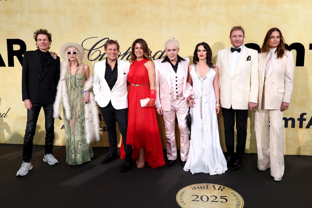 John Taylor, Gela Nash-Taylor, Roger Taylor, Gisella Bernales, Nick Rhodes, Alexandra Stama, Simon Le Bon and Yasmin Le Bon of Duran Duran 