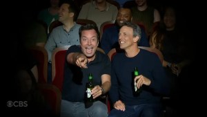 Jimmy Fallon and Seth Meyers on the July 21, 2025 edition of "The Late Show with Stephen Colbert" (Credit: CBS)