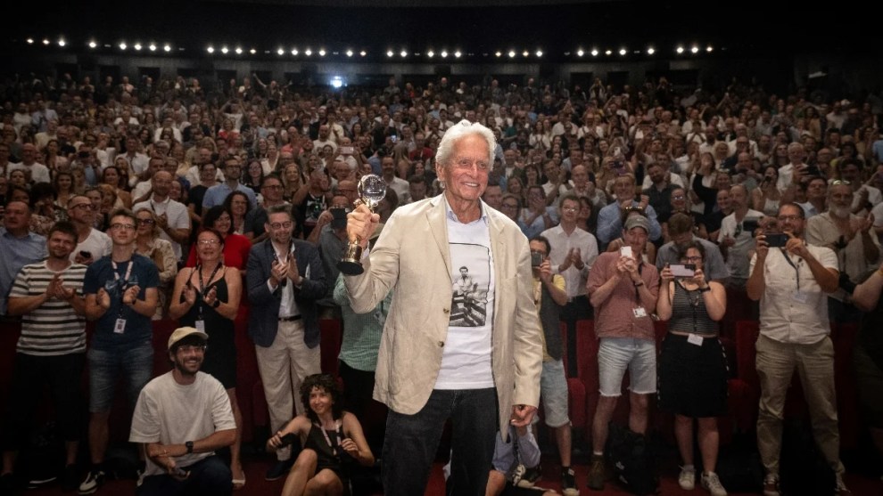 US actor and film producer Michael Douglas poses with an honorary award on the occasion of the screening of a newly restored version of the film 'One Flew Over the Cuckoo's Nest' at the 59th Karlovy Vary International Film Festival (KVIFF) in Karlovy Vary, Czech Republic on July 5, 2025