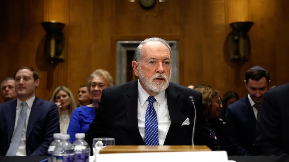 Former Arkansas Gov. Mike Huckabee, U.S. President Donald Trump's nominee to be ambassador to Israel, arrives to testify during his Senate Foreign Relations Committee confirmation hearing at the Dirksen Senate Office Building on March 25, 2025 in Washington, DC
