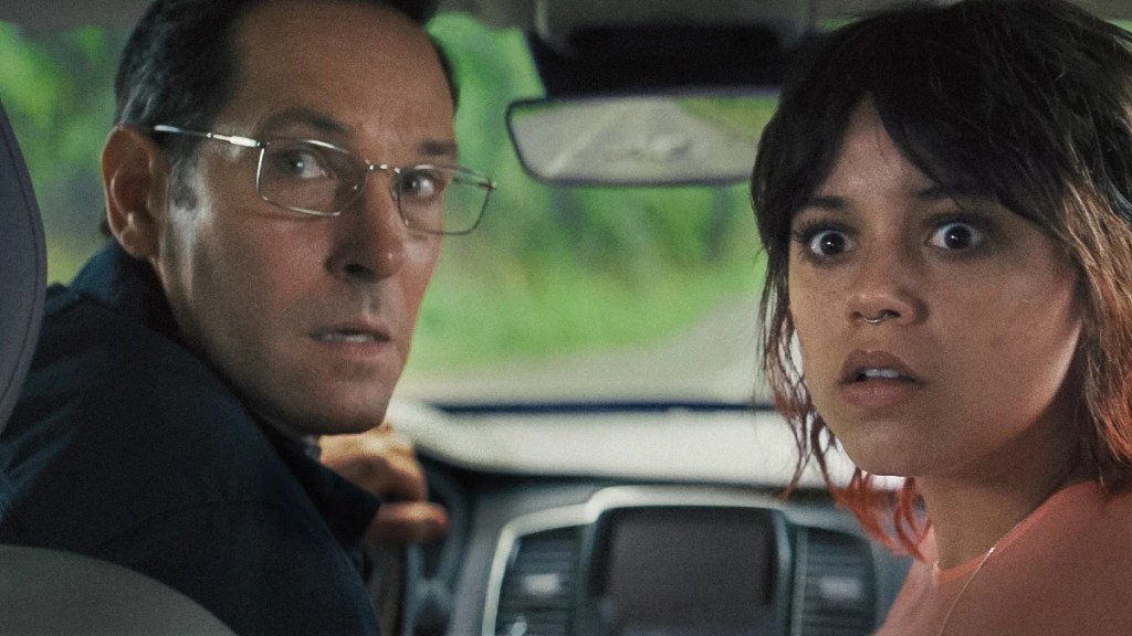 Paul Rudd and Jenna Ortega in "Death of a Unicorn." (A24)