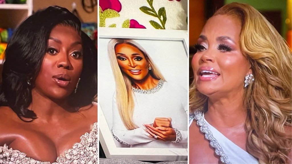 Wendy Osefo, photo of Karen Huger and Gizelle Bryant at "The Real Housewives of Potomac" Season 9 Reunion (Bravo) 