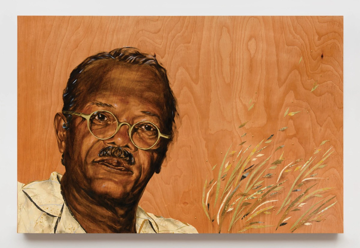 Samuel L. Jackson “Doaker” (2024) oil paint, washi paper on wood panel