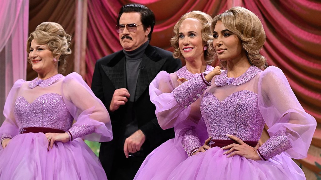 Left to right: Ana Gasteyer as Margaret Maharelle, Will Ferrell as Robert Goulet, Kristen Wiig as Dooneese Maharelle, and Kim Kardashian as Holly Maharelle