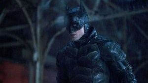 Robert Pattinson wearing the Batsuit in "The Batman."
