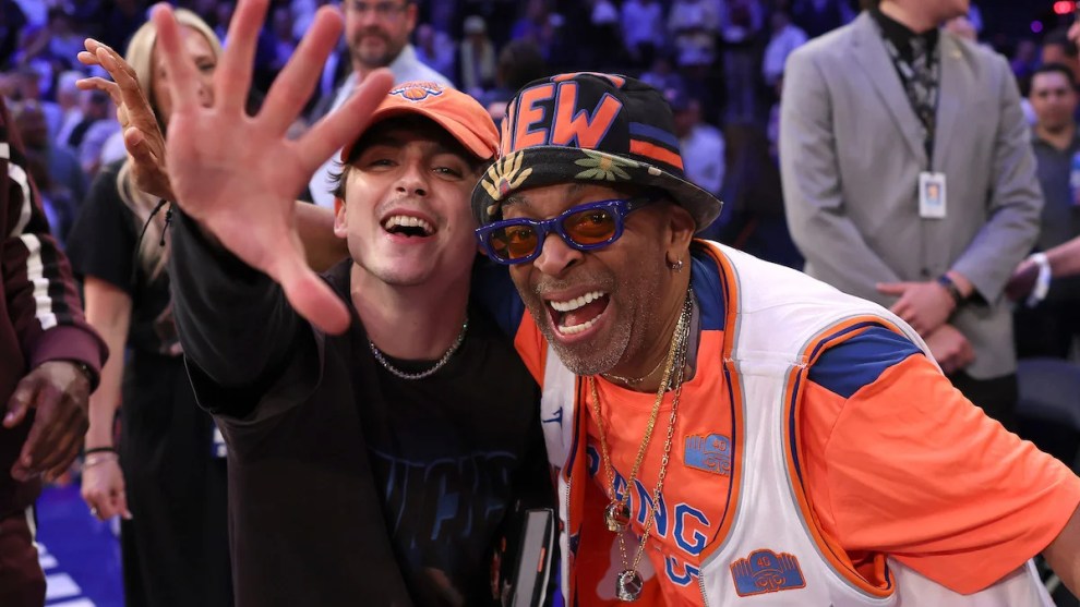 Timothée Chalamet and Spike Lee celebrate after the New York Knicks defeats the Boston Celtics on May 12, 2025. (Credit: Elsa/Getty Images)