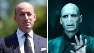 Stephen Miller (Credit: Kevin Dietsch/Getty Images) and Lore Voldemort (Credit: Warner Bros.)